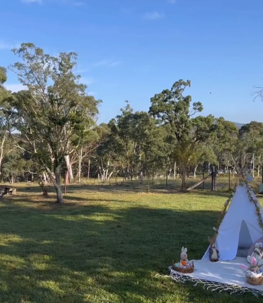A serene outdoor retreat with a small, white triangular tent on a grassy field. The tent is decorated with leaves and surrounded by plush toys. Trees fill the background under a clear blue sky. | Werriberri